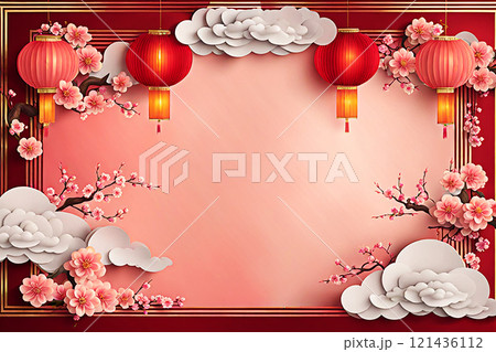 Chinese new year background banner with Chinese paper lanterns,peach blossom, peony,red tone. 121436112