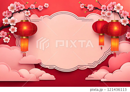 Chinese new year background banner with Chinese paper lanterns,peach blossom, peony,red tone. 121436113