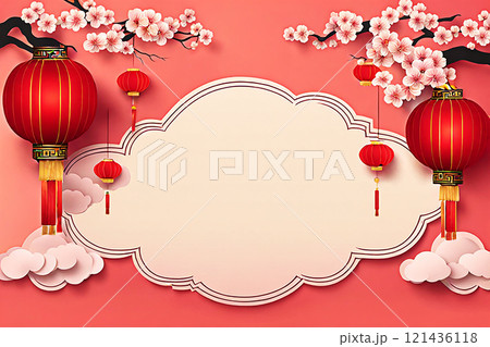 Chinese new year background banner with Chinese paper lanterns,peach blossom, peony,red tone. 121436118