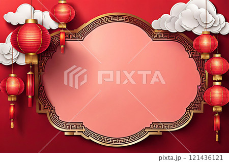 Chinese new year background banner with Chinese paper lanterns,peach blossom, peony,red tone. 121436121