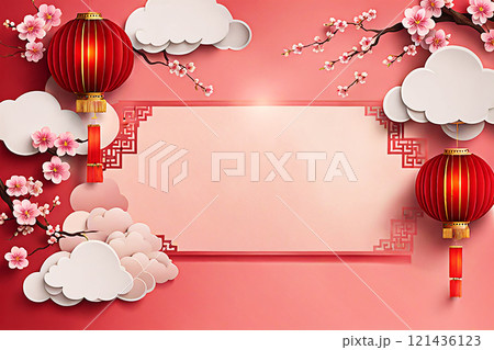 Chinese new year background banner with Chinese paper lanterns,peach blossom, peony,red tone. 121436123