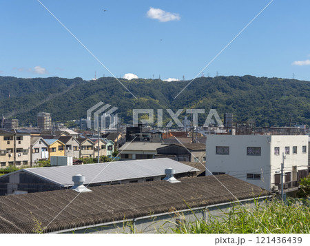 大和川の堤防道路から見る街と山の風景 大和川の堤防道路から見る街と山の風景 121436439