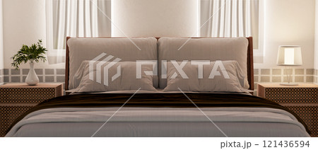 A comfortable grey bed in the middle, flanked by minimalist wooden bedside tables and sleek decor. A comfortable grey bed in the middle, flanked by minimalist wooden bedside tables and sleek decor. 121436594