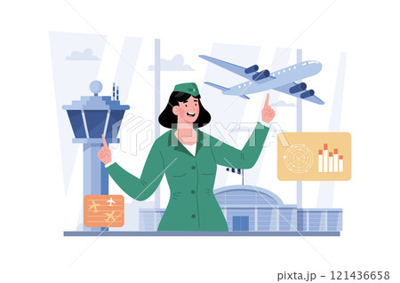 Air traffic controller monitoring and ensuring safe flights. Air traffic controller monitoring and ensuring safe flights. 121436658