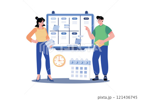 Project manager creating timelines and deliverables for a new project. Project manager creating timelines and deliverables for a new project. 121436745