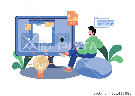 Graphic designers create visual content for campaigns. 121436886
