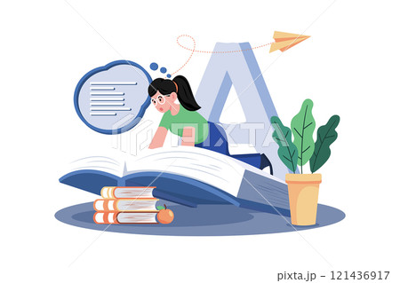 A child reads a book to improve their reading skills. 121436917