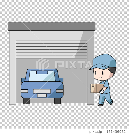 車庫に置き配の荷物を置く配達員のイラスト 121436982