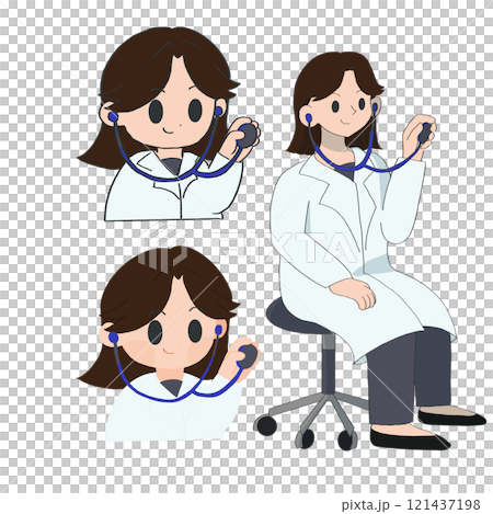 Illustration set of a female doctor sitting with a stethoscope and examining a patient Illustration set of a female doctor sitting with a stethoscope and examining a patient 121437198