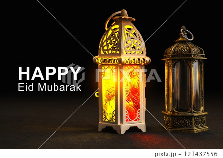 Arabic lanterns on a black background. Decoration for Muslim holidays celebration 121437556
