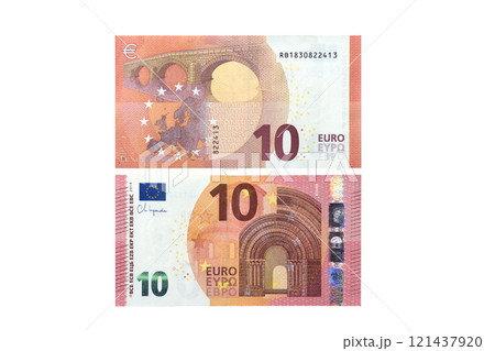 Top view of two sides of ten euro banknote cash isolated over white background 121437920