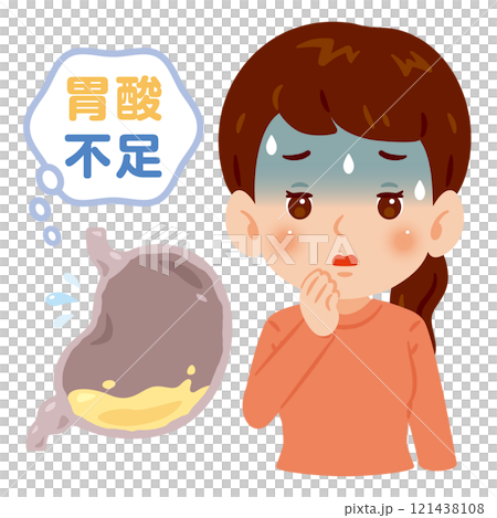 Illustration of a woman with insufficient stomach acid 121438108