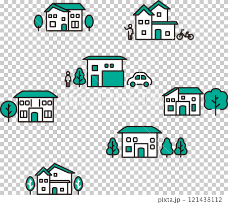 アイコン　住宅　建物　不動産　ビジネス　ピクトグラム　シンプル　線　イラスト素材セット 121438112