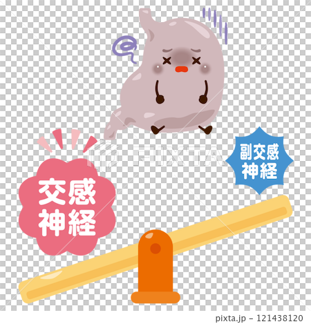 交感神経が優位になって働きが鈍くなる胃のキャラクターイラスト 121438120