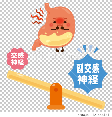副交感神経が優位になって働きが過剰になる胃のキャラクターイラスト 121438121