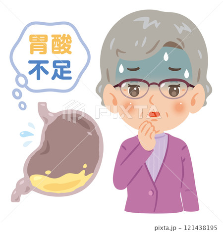 胃酸不足のシニア女性イラスト 胃酸不足のシニア女性イラスト 121438195