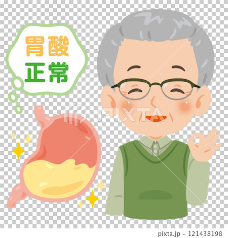 Illustration of a senior man with normal stomach acid 121438198