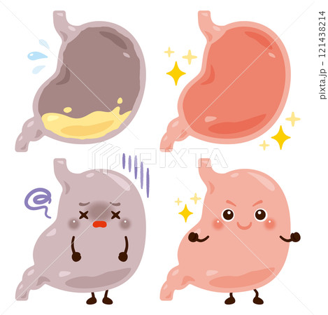 胃酸不足状態の胃のキャラクターと元気な胃のキャラクターイラスト 121438214