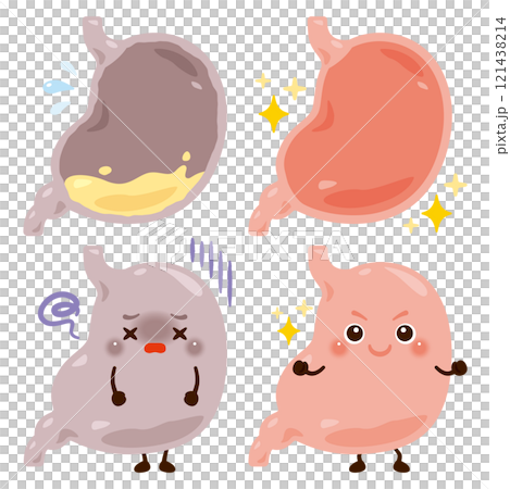 胃酸不足状態の胃のキャラクターと元気な胃のキャラクターイラスト 121438214