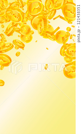 Indian rupee coins falling. Scattered gold INR coins. India money. Great business success concept. Vector illustration. 121438351