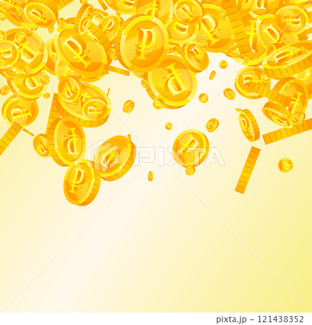 Russian ruble coins falling. Scattered gold RUB coins. Russia money. Global financial crisis concept. Square vector illustration. 121438352