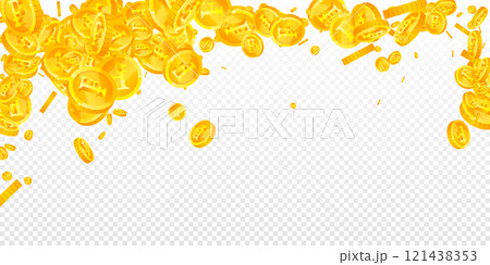 Swiss franc coins falling. Gold scattered CHF coins. Switzerland money. Global financial crisis concept. Wide vector illustration. 121438353