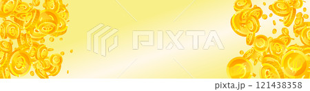 European Union Euro coins falling. Scattered gold EUR coins. Europe money. Jackpot wealth or success concept. Panoramic vector illustration. European Union Euro coins falling. Scattered gold EUR coins. Europe money. Jackpot wealth or success concept. Panoramic vector illustration. 121438358