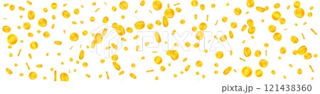 Bitcoin coins falling. Cryptocurrency scattered gold BTC coins. Internet currency. Jackpot wealth or success concept. Panoramic vector illustration. 121438360