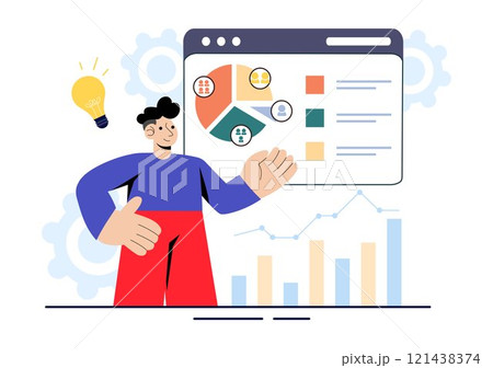 Top Manager Employees Vector Illustration Featuring Project Management and Financial Report Strategies to Achieve Goals or Targets in a Background 121438374