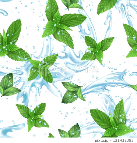 Seamless pattern with green mint leaves and water splashes. Fresh beverage background. 121438383