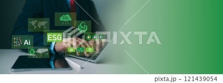 ESG environmental social governance investment business concept, Man hand using laptop to analyze ESG on screen in business investment strategy concept, Environmental and business growth together. 121439054