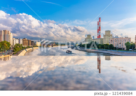 View of Berezhkovskaya Embankment in Moscow with reflection on a mirror stone surface 121439084