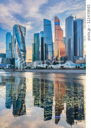 High buildings of Moscow-City at Moskva River at summer sunset, Russia. 121439085