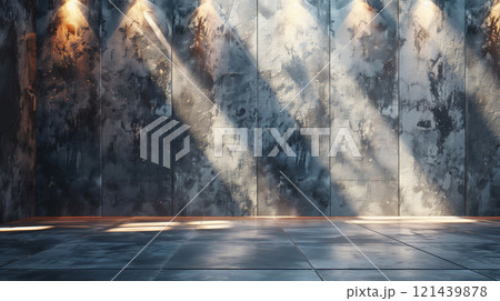 Concrete wall and floor are bathed in the warm glow of spotlights, illuminating the rugged texture and raw beauty of the surfaces 121439878