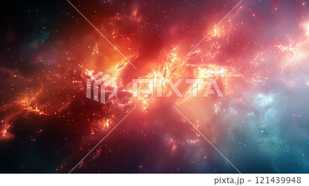 Colors burst and blend, resembling the intricate dance of nebula clouds 121439948