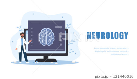 Neurology concept. Male doctor examine MRI scan. Brain disease diagnostics. Vector illustration in flat cartoon style Neurology concept. Male doctor examine MRI scan. Brain disease diagnostics. Vector illustration in flat cartoon style 121440016