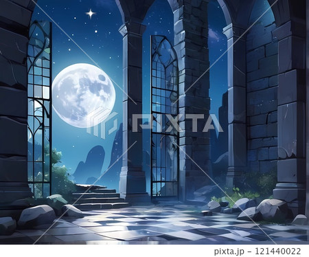 ゲーム背景　満月の古城廃墟ホールから見える風景 121440022
