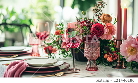 Festive table setting with candles and arrangement of beautiful red flowers. Holiday concept. High quality photo Festive table setting with candles and arrangement of beautiful red flowers. Holiday concept. High quality photo 121440196