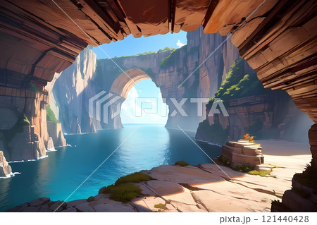 ゲーム背景　古代文明ダンジョンの中で見る回廊風景 121440428