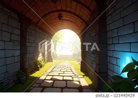ゲーム背景　古代文明ダンジョンの中で見る回廊風景 121440429