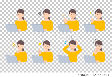 A set of young women with various expressions and poses while looking at a computer [People vector illustration material] 121440504