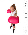 Healthy teen girl with boxing gloves working out with towel on shoulder. Isolated on white background. fitness gym concept. Wide angle shot. 121440682