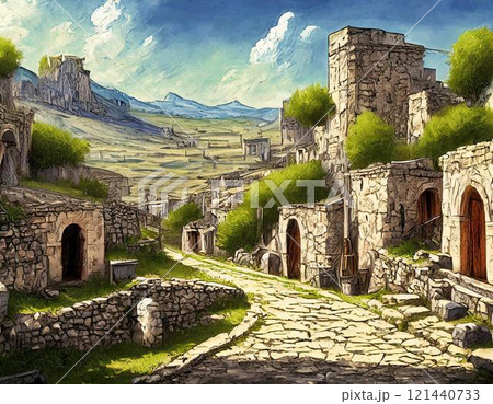 ゲーム背景　ファンタジーゲーム石畳の道がある街の入り口	 121440733