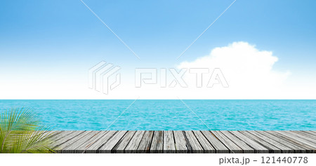 Travel concept,Sea Table Background Summer Tropical Blue Ocean with Sky Horizon Island Deck Mockup Stage Product Beauty Cosmetic Sunscreen for Tourism Vacation Relax Holiday, Nature Beautiful Scene. Travel concept,Sea Table Background Summer Tropical Blue Ocean with Sky Horizon Island Deck Mockup Stage Product Beauty Cosmetic Sunscreen for Tourism Vacation Relax Holiday, Nature Beautiful Scene. 121440778