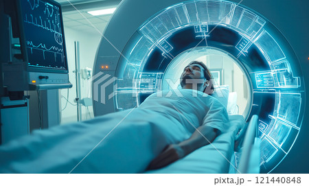 A patient lies calmly inside an MRI machine in a hospital. The concept of advanced medical imaging, healthcare technology, and diagnostic precision. Generative AI. 121440848
