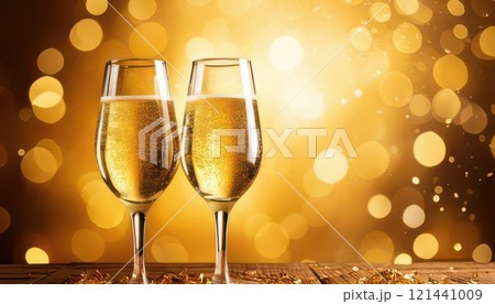 《AI画像》金色背景とグラスに注がれたシャンパン 121441009