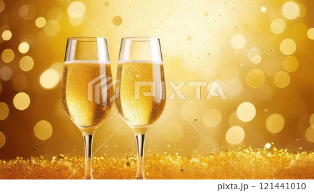 《AI画像》金色背景とグラスに注がれたシャンパン 121441010