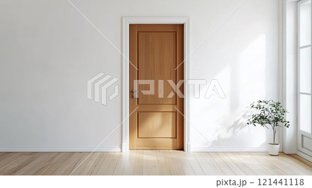 白い壁、木製のドア、フローリング、窓だけのミニマリズムなアパートの部屋 白い壁、木製のドア、フローリング、窓だけのミニマリズムなアパートの部屋 121441118