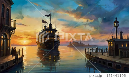 ゲーム背景　帆船が入港する夕暮れの水の都の港風景 121441196