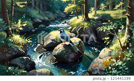 ゲーム背景　ポスターカラー水彩画風森の奥と川のある小鳥がいる風景	 121441199